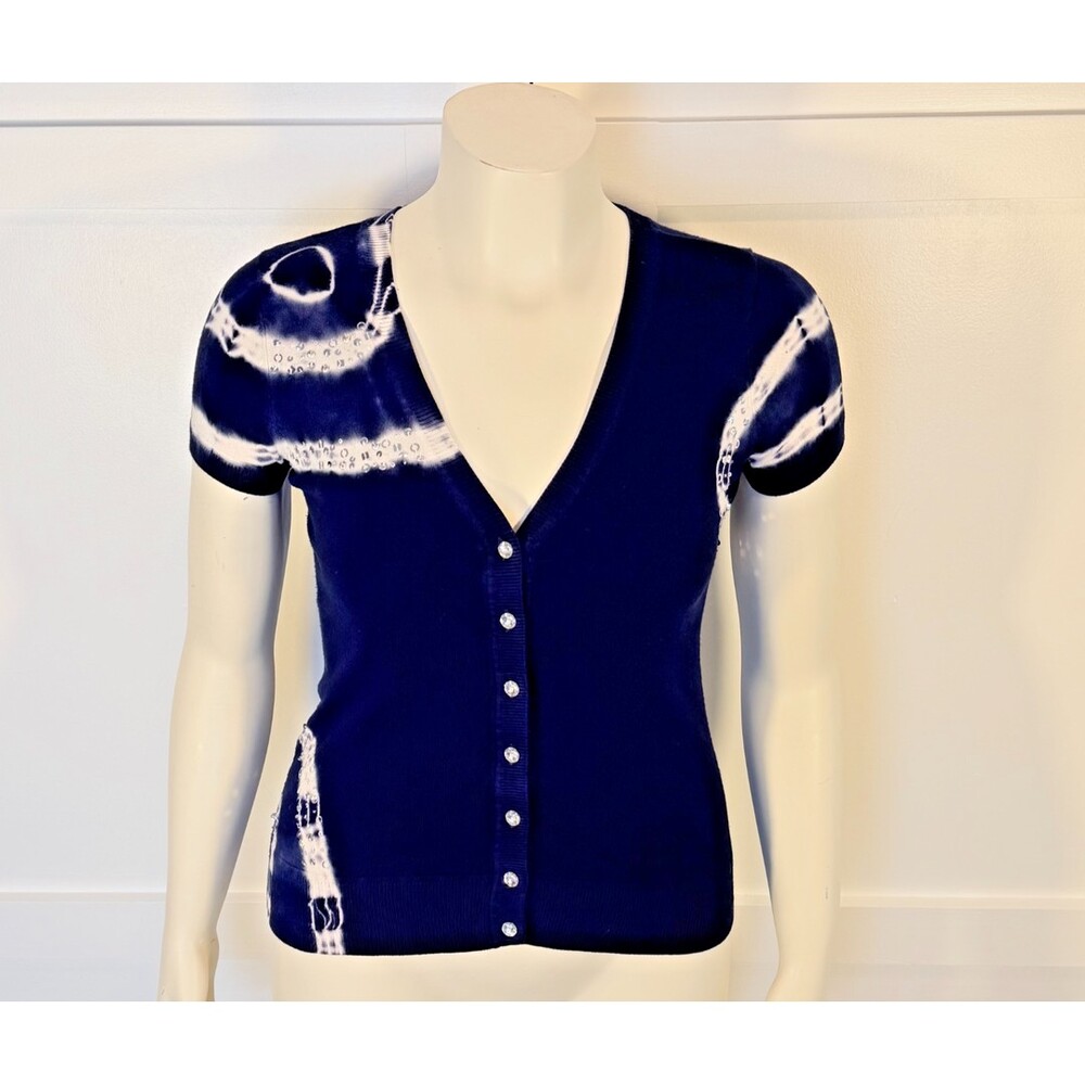 INC Knit Top Womens‎ M Blue White Tie Dye V-Neck Short Sleeve Jeweled Button Up